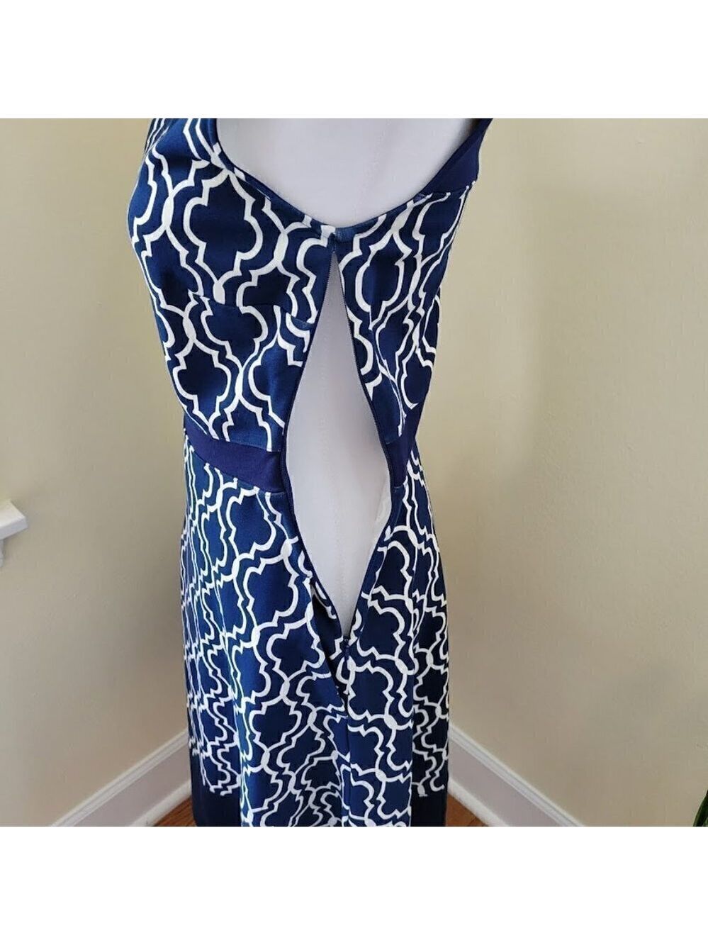Land's End Fit & Flare Dress Sleeveless Geometric Print Stretch Navy Size 2 - Picture 8 of 14